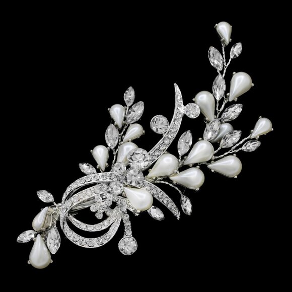 Accessories - Rhodium Plated Ivory & Rhinestone Bridal Hair Clip